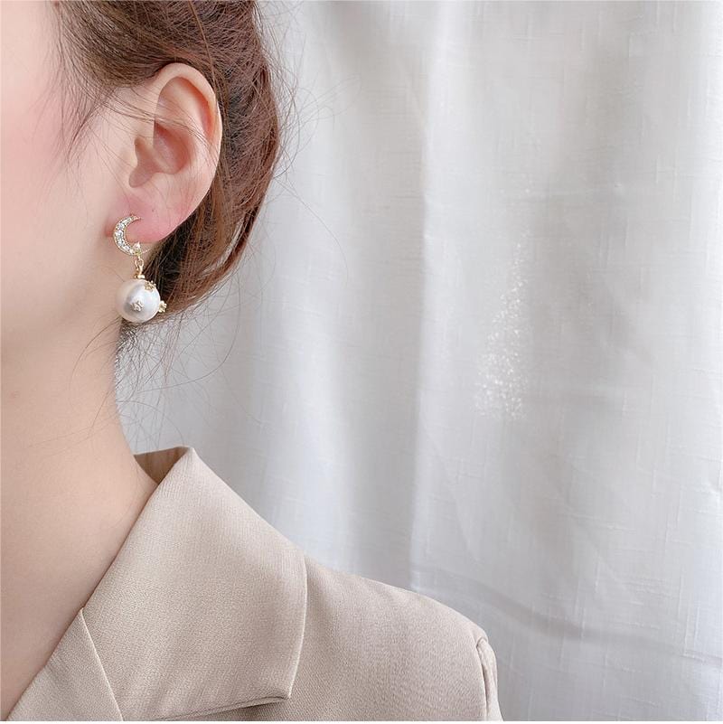 Chic CZ Inlaid Moon Phase Star Dangle Pearl Earrings - ArtGalleryZen