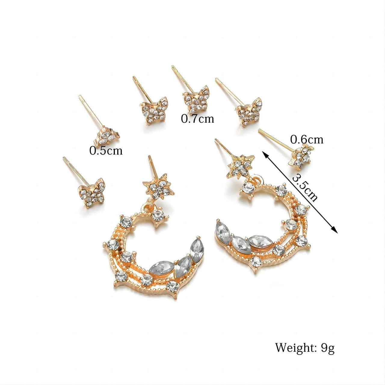 Chic CZ Inlaid Moon Phase Star Dangle Stud Earrings Set - ArtGalleryZen