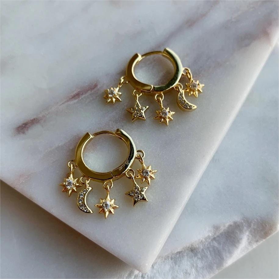 Chic CZ Inlaid Moon Phase Star Tassel Earrings - ArtGalleryZen