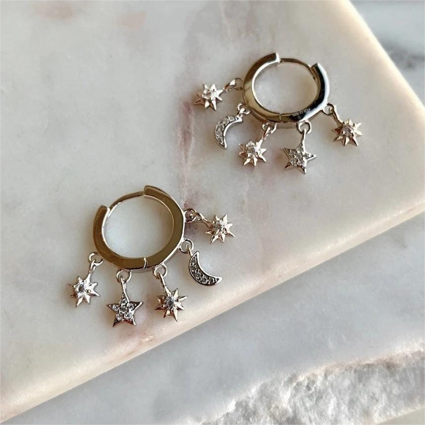 Chic CZ Inlaid Moon Phase Star Tassel Earrings - ArtGalleryZen