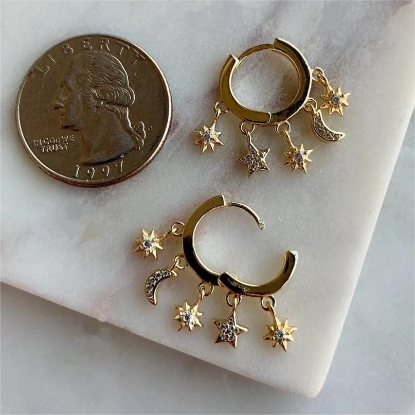 Chic CZ Inlaid Moon Phase Star Tassel Earrings - ArtGalleryZen