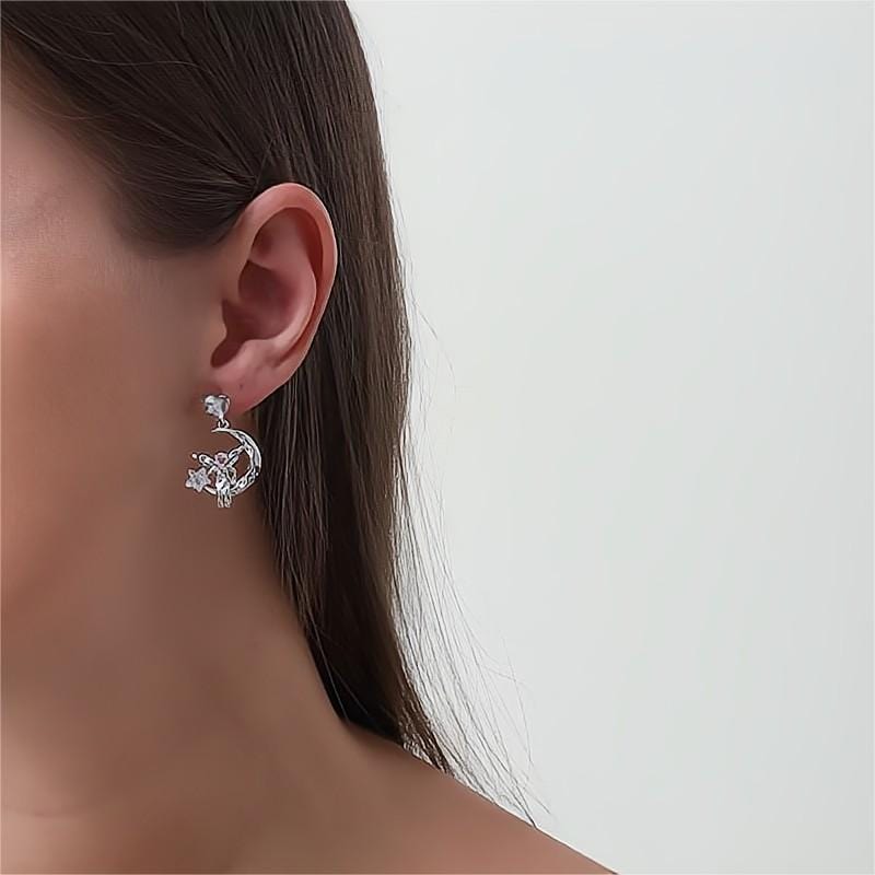 Chic CZ Inlaid Moon Star Angel Dangle Earrings - ArtGalleryZen