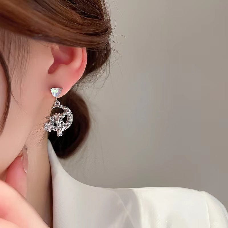 Chic CZ Inlaid Moon Star Angel Dangle Earrings - ArtGalleryZen