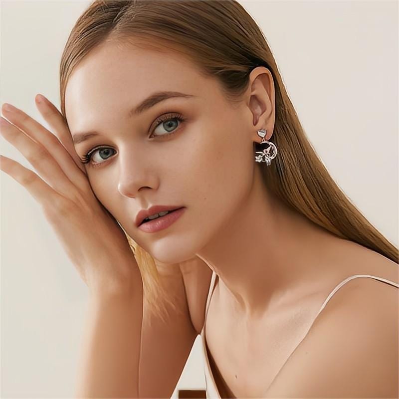 Chic CZ Inlaid Moon Star Angel Dangle Earrings - ArtGalleryZen