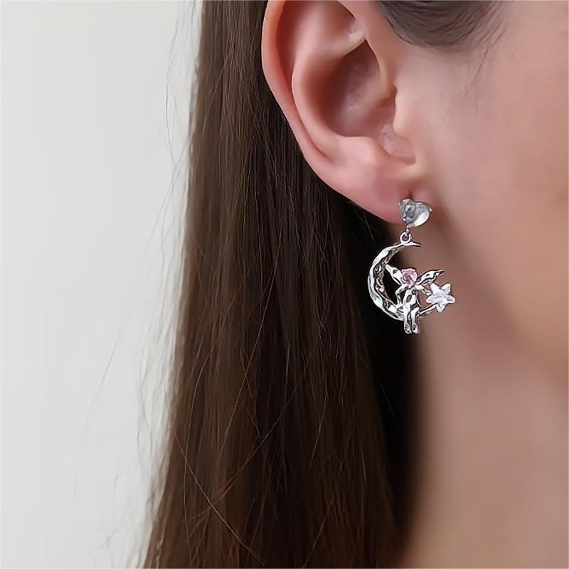 Chic CZ Inlaid Moon Star Angel Dangle Earrings - ArtGalleryZen
