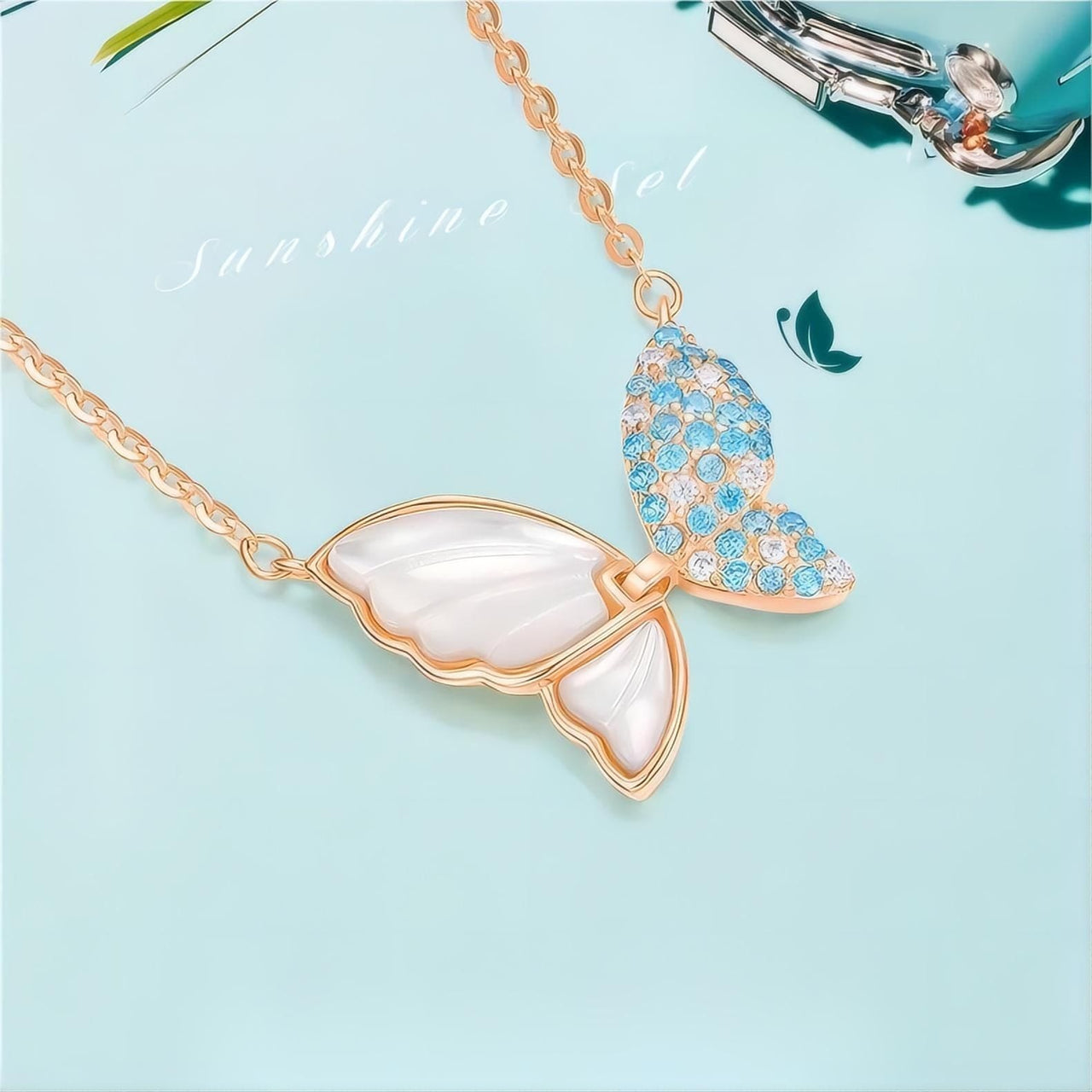 Chic CZ Inlaid Natural Pearl Shell Flapping Wings Butterfly Necklace - ArtGalleryZen
