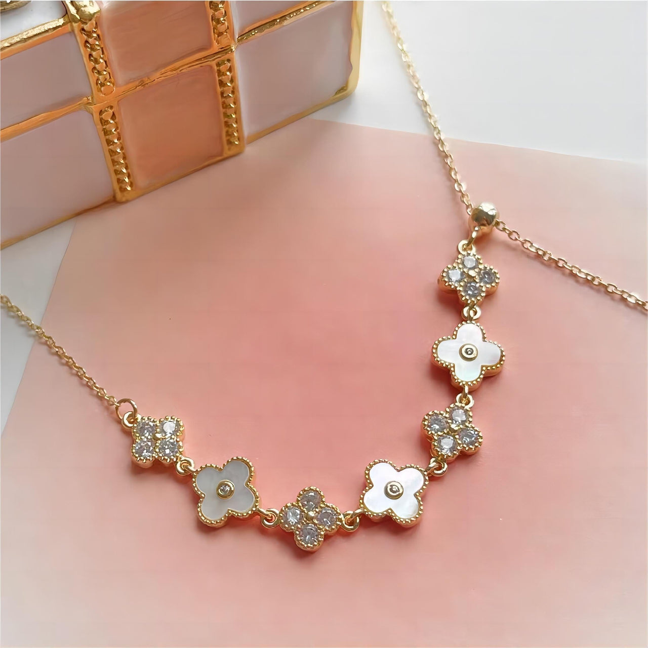 Chic CZ Inlaid Natural Pearl Shell Floral Necklace - ArtGalleryZen
