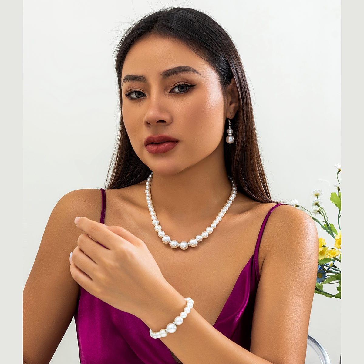 Chic CZ Inlaid Pearl Chain Necklace Bracelet Earrings Set - ArtGalleryZen