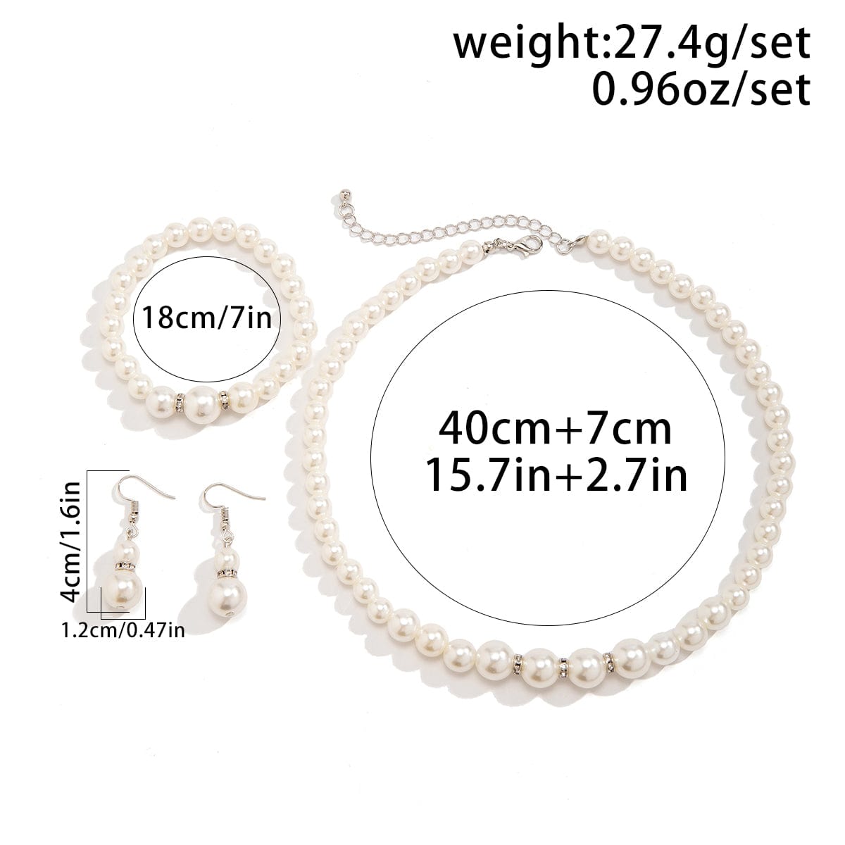 Chic CZ Inlaid Pearl Chain Necklace Bracelet Earrings Set - ArtGalleryZen