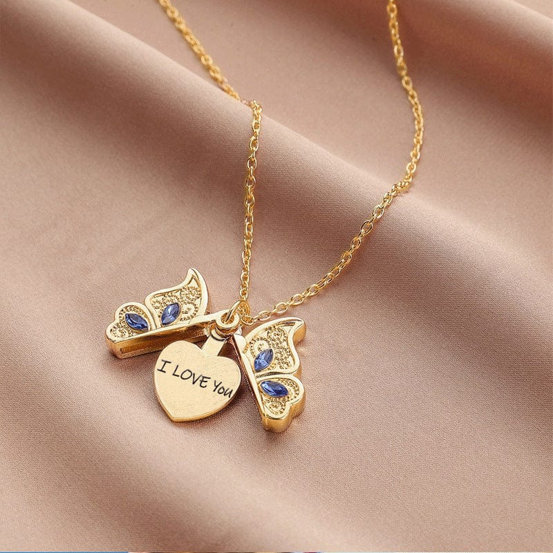 Chic CZ Inlaid Photo Frame I Love You Heart Butterfly Necklace - ArtGalleryZen
