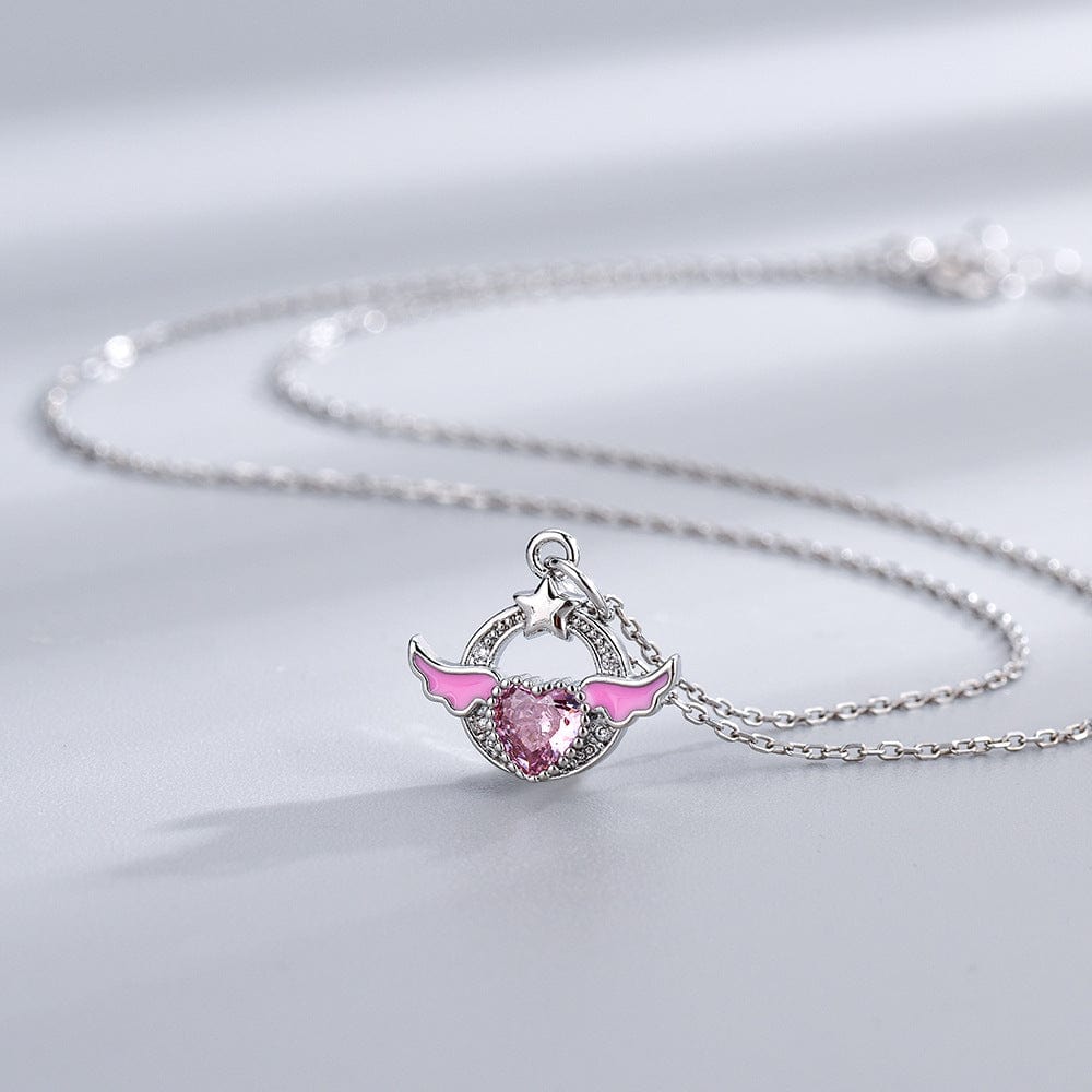 Chic CZ Inlaid Pink Crystal Angel Heart Wings Necklace - ArtGalleryZen