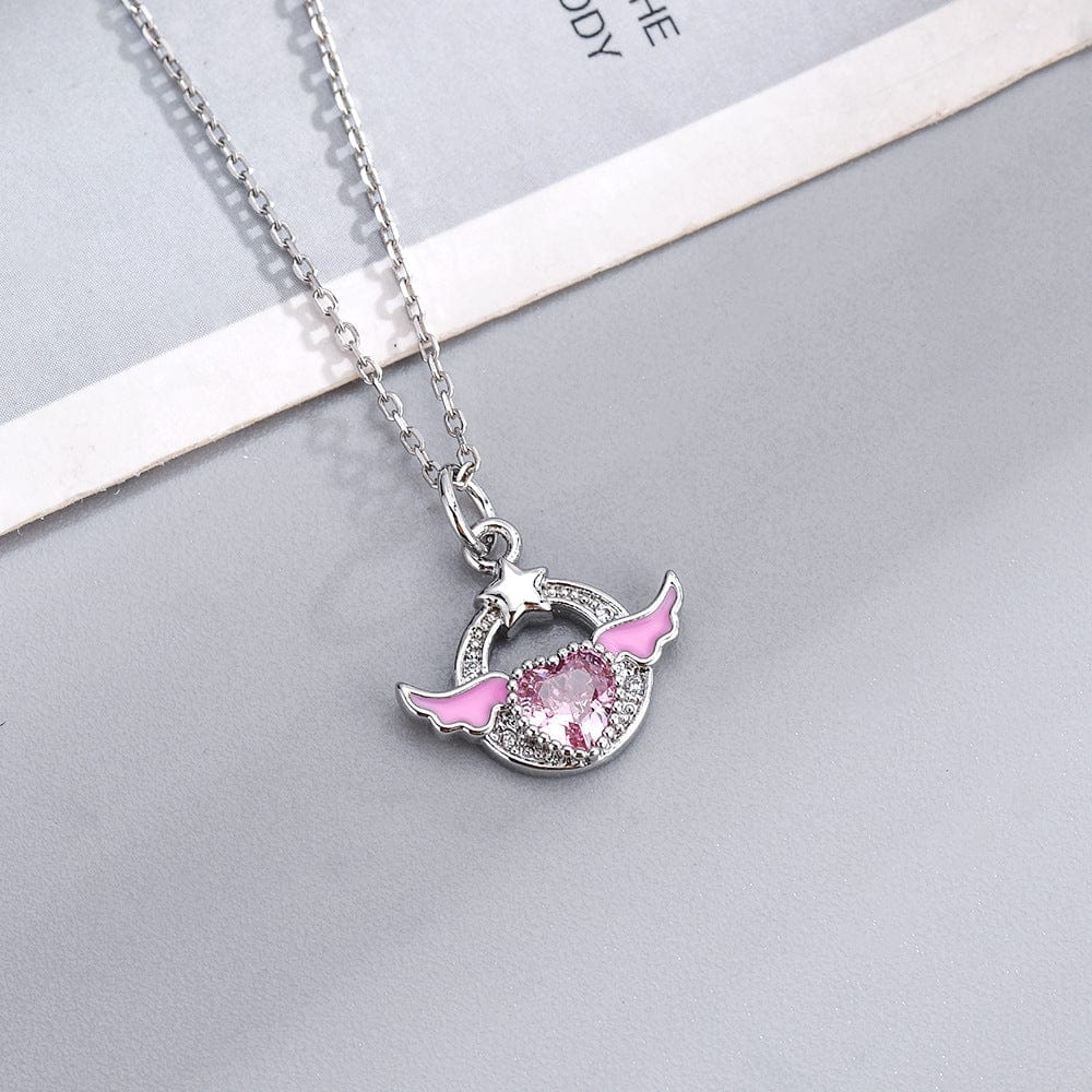 Chic CZ Inlaid Pink Crystal Angel Heart Wings Necklace - ArtGalleryZen