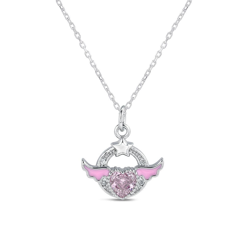 Chic CZ Inlaid Pink Crystal Angel Heart Wings Necklace - ArtGalleryZen