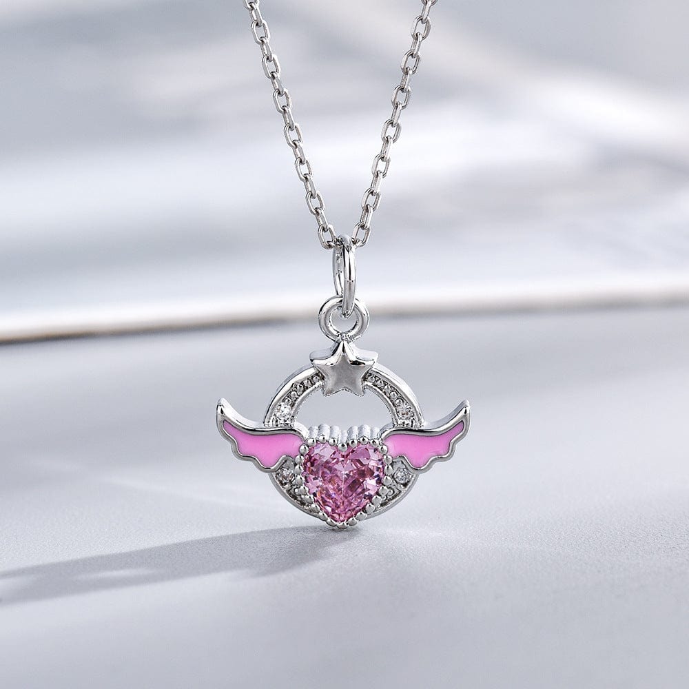 Chic CZ Inlaid Pink Crystal Angel Heart Wings Necklace - ArtGalleryZen