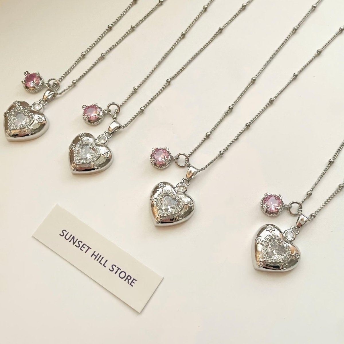 Chic CZ Inlaid Pink Crystal Heart Chain Necklace - ArtGalleryZen