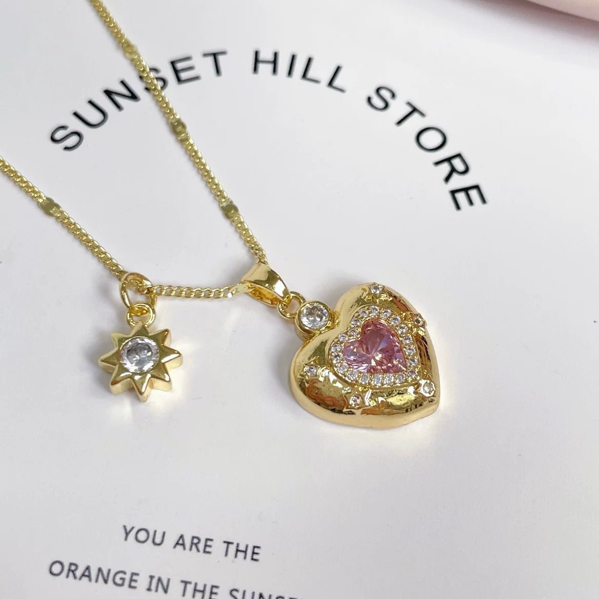 Chic CZ Inlaid Pink Crystal Heart Chain Necklace - ArtGalleryZen
