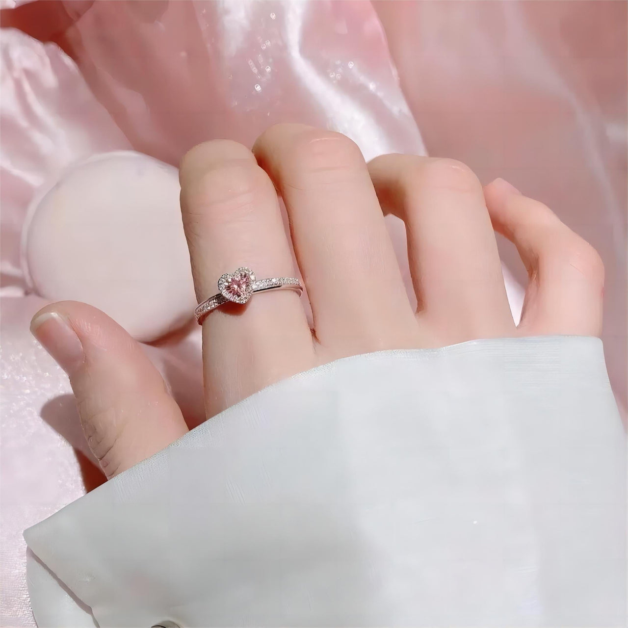 Chic CZ Inlaid Pink Crystal Heart Ring - ArtGalleryZen