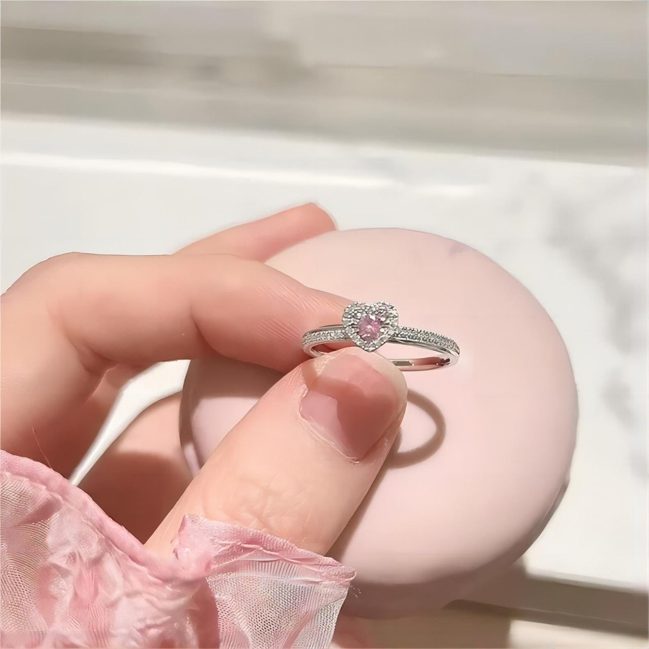 Chic CZ Inlaid Pink Crystal Heart Ring - ArtGalleryZen