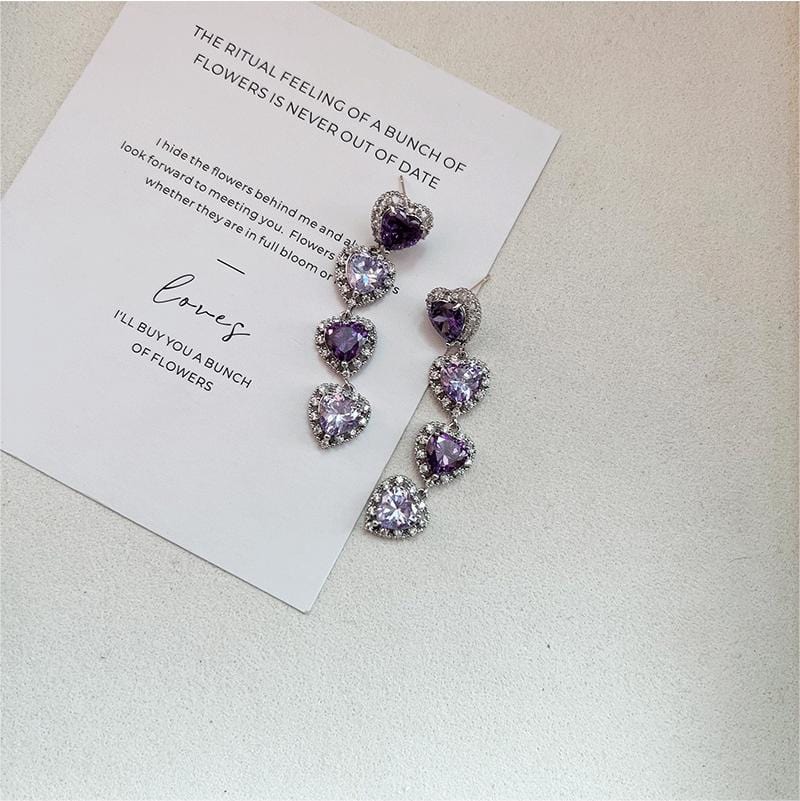 Chic CZ Inlaid Purple Crystal Heart Dangle Earrings - ArtGalleryZen