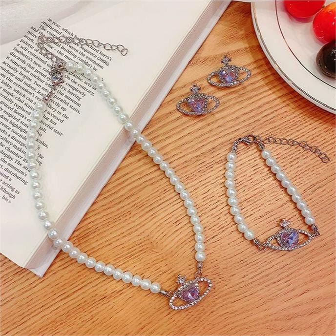 Chic CZ Inlaid Purple Saturn Necklace Earrings Bracelet Set - ArtGalleryZen