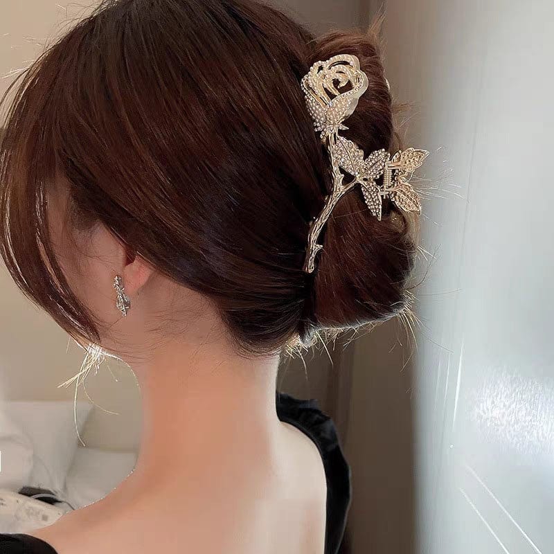 Chic Crystal Pearl Inlaid Rose Chignon Claw Clip Hair Clip - ArtGalleryZen