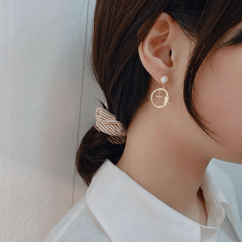 Chic CZ Pearl Inlaid Star Moon Phase Earrings - ArtGalleryZen