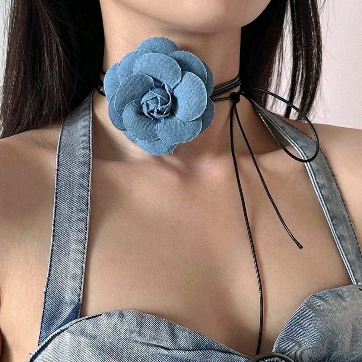Chic Denim Flower Wax Cord String Necklace - ArtGalleryZen