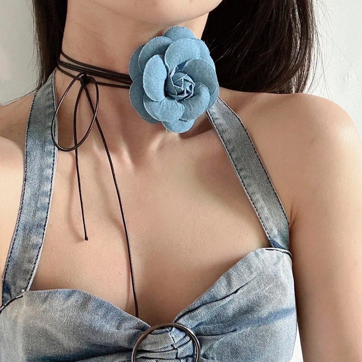 Chic Denim Flower Wax Cord String Necklace - ArtGalleryZen