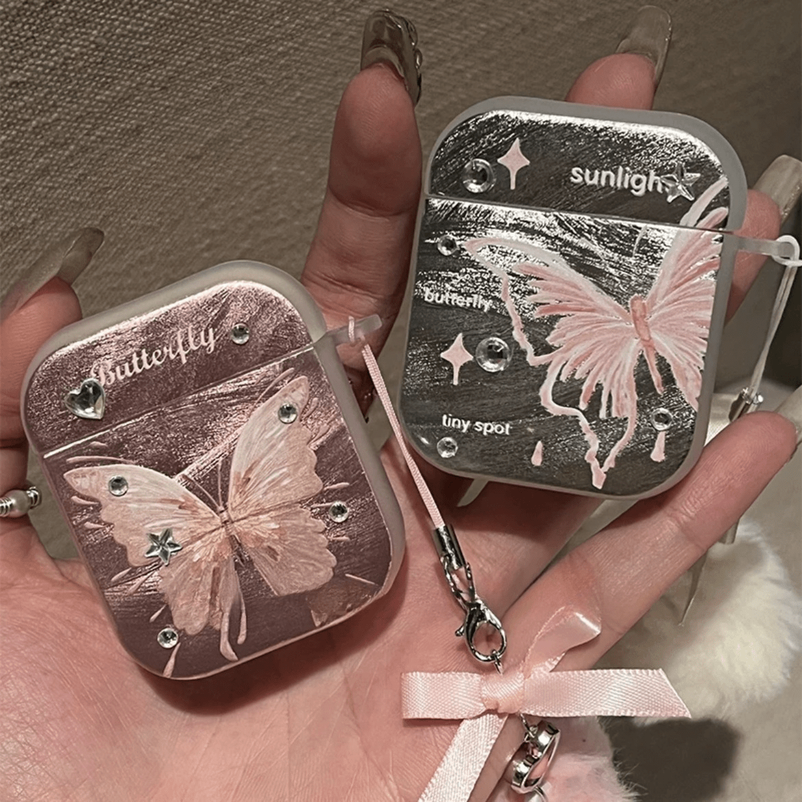 Chic Electroplated Butterfly AirPods Earphone Case With Plush Charm - ArtGalleryZen