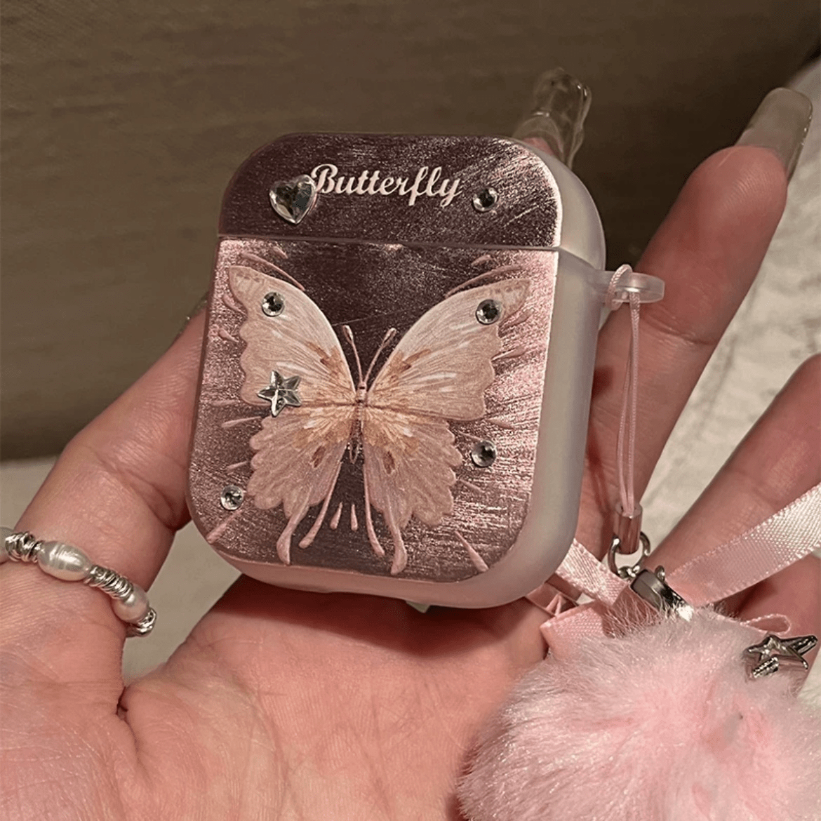 Chic Electroplated Butterfly AirPods Earphone Case With Plush Charm - ArtGalleryZen