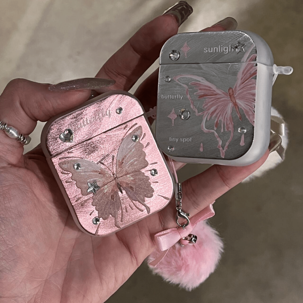 Chic Electroplated Butterfly AirPods Earphone Case With Plush Charm - ArtGalleryZen