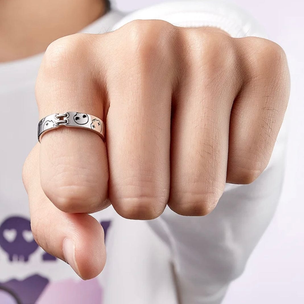 Chic Enamel Kuromi Carved Baku Pattern Matching Ring - ArtGalleryZen