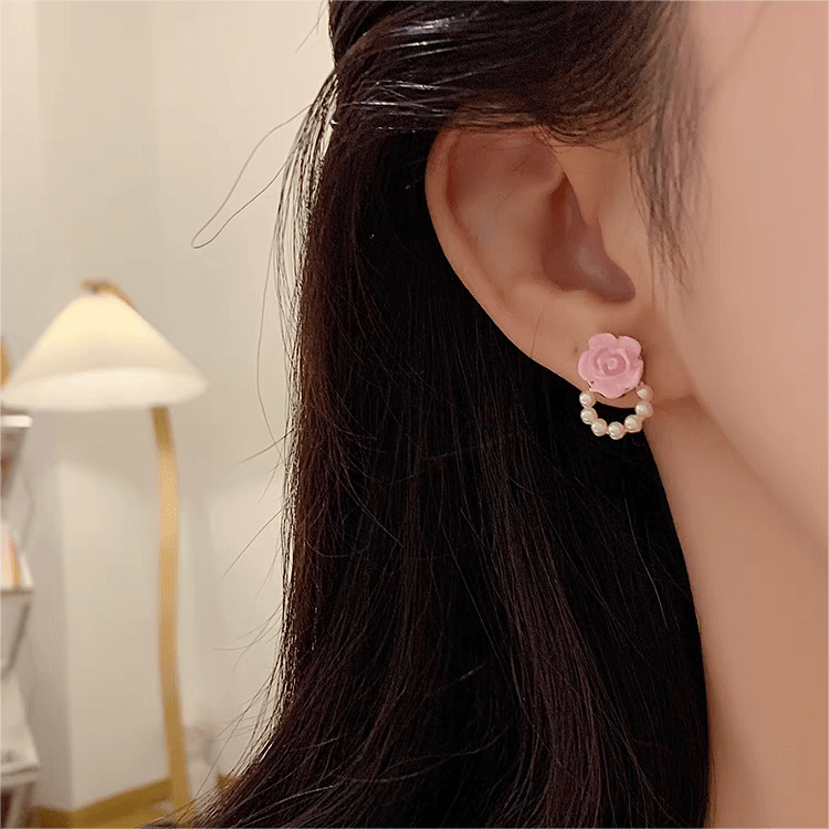Chic Enamel Pink Rose Pearl Chain Earrings - ArtGalleryZen