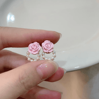 Thumbnail for Chic Enamel Pink Rose Pearl Chain Earrings - ArtGalleryZen