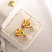 Thumbnail for Chic Enamel Tulip Heart Pearl Earrings - ArtGalleryZen