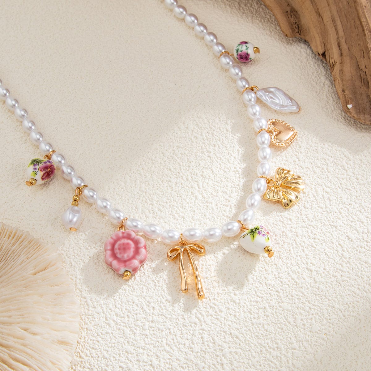 Chic Floral Heart Bowknot Pendant Pearl Chain Necklace - ArtGalleryZen