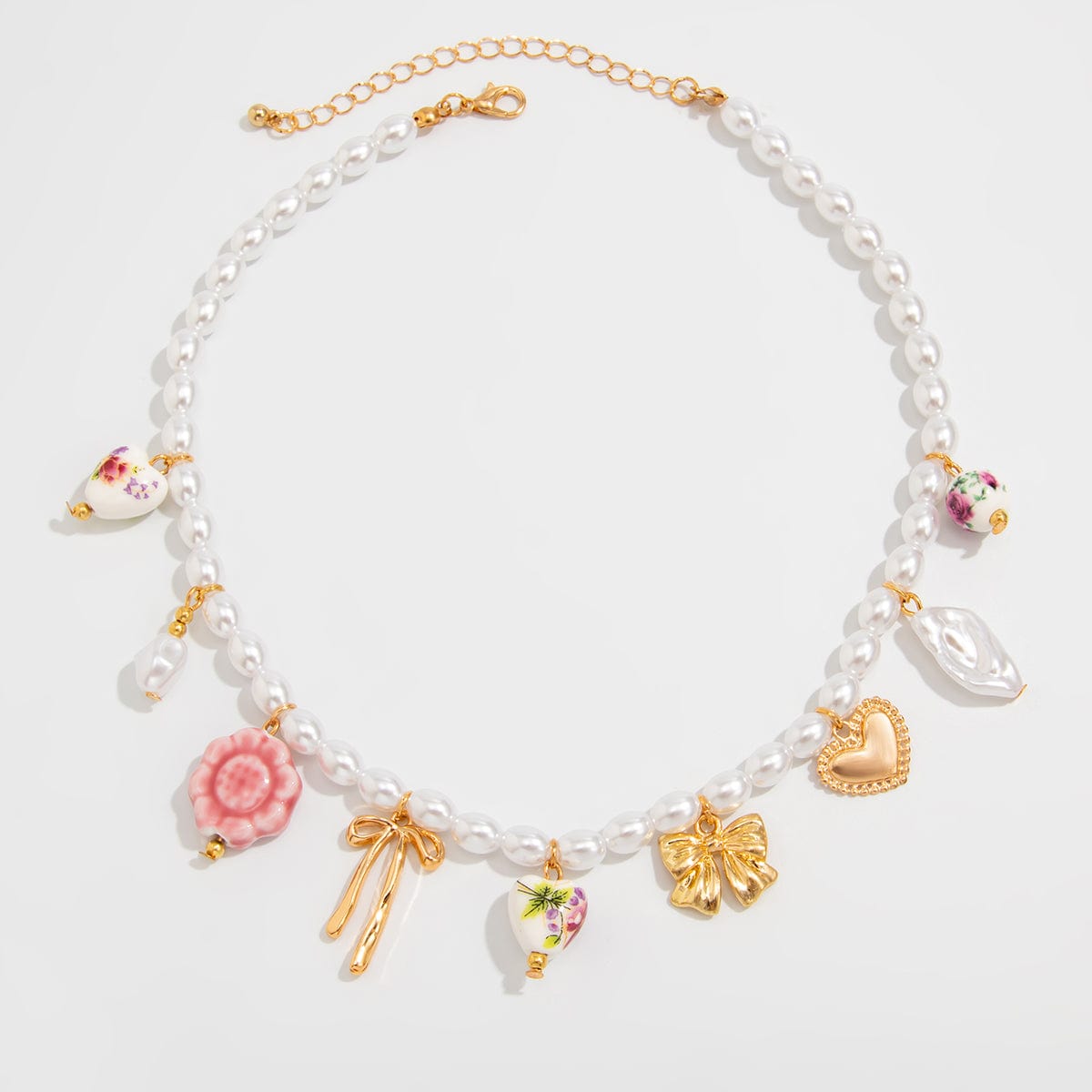 Chic Floral Heart Bowknot Pendant Pearl Chain Necklace - ArtGalleryZen
