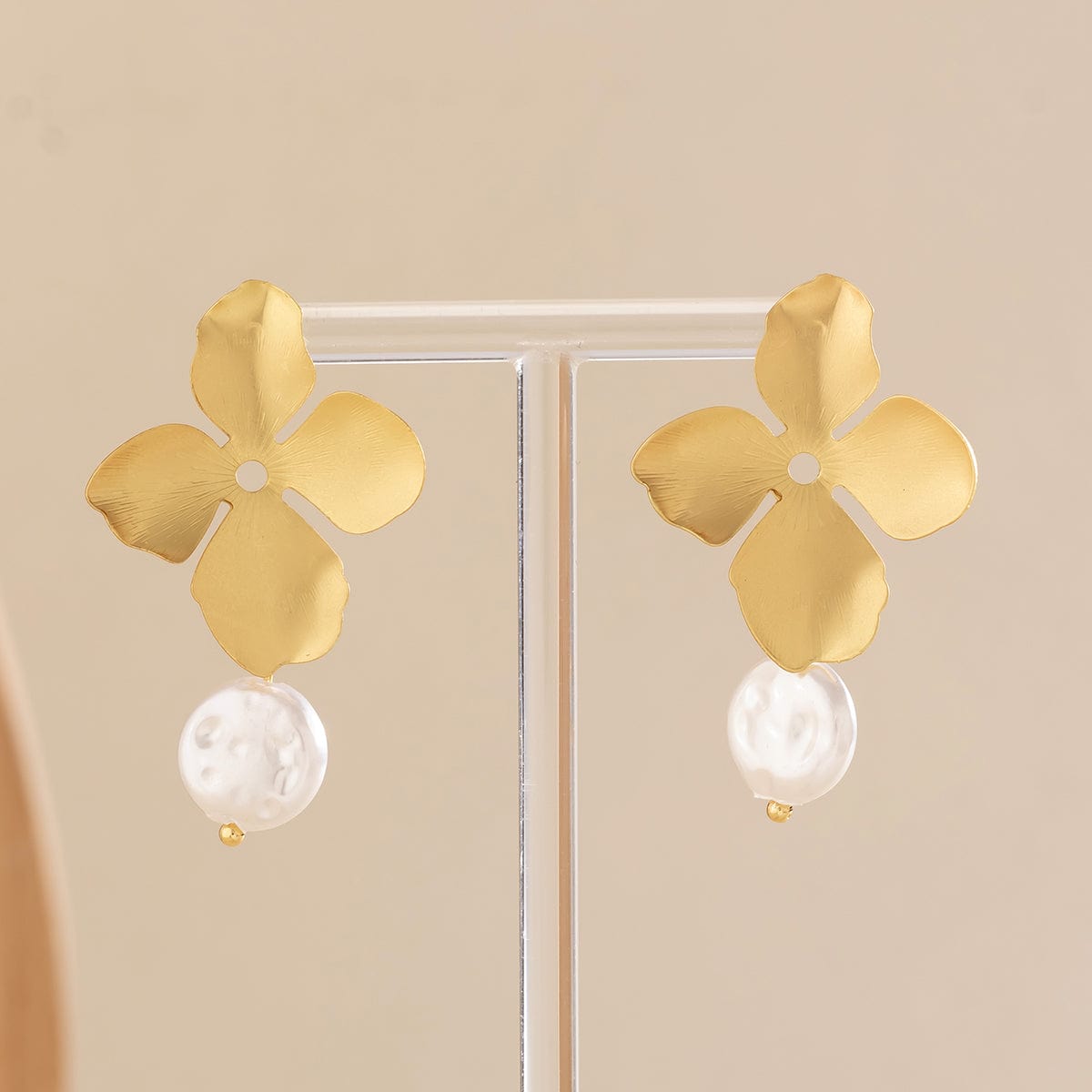 Chic Folding Four-Petal Flower Pearl Dangle Earrings - ArtGalleryZen