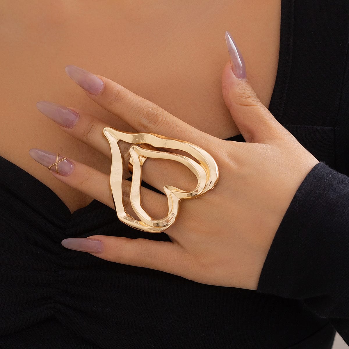 Chic Gold Silver Plated Double-Layered Hollow Heart Open Ring - ArtGalleryZen