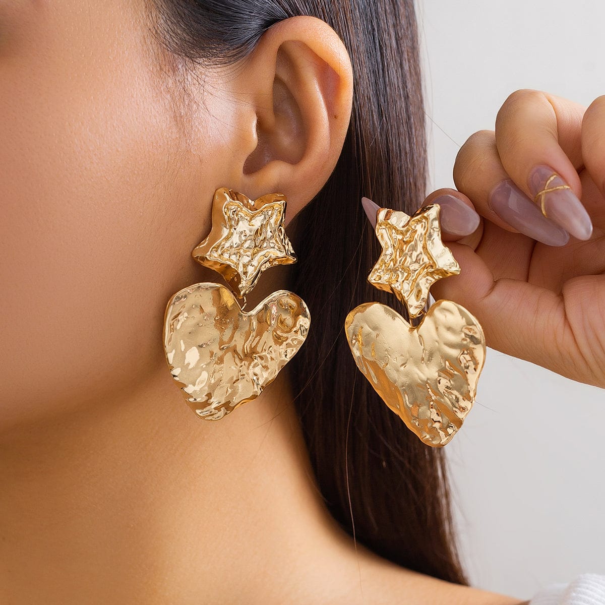 Chic Gold Silver Plated Pleated Star Heart Dangle Earrings - ArtGalleryZen