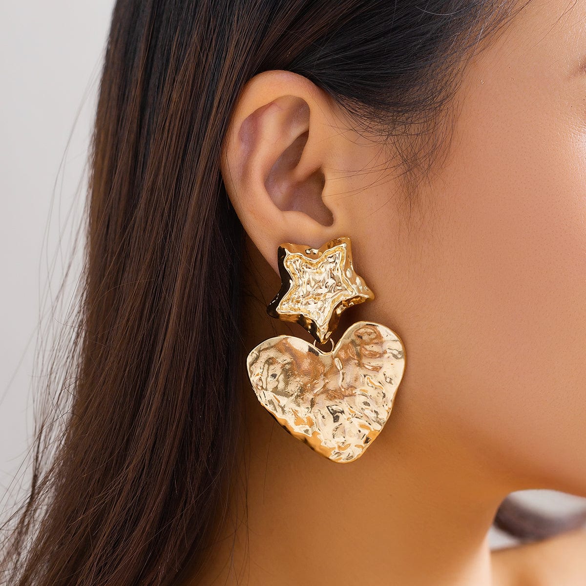 Chic Gold Silver Plated Pleated Star Heart Dangle Earrings - ArtGalleryZen