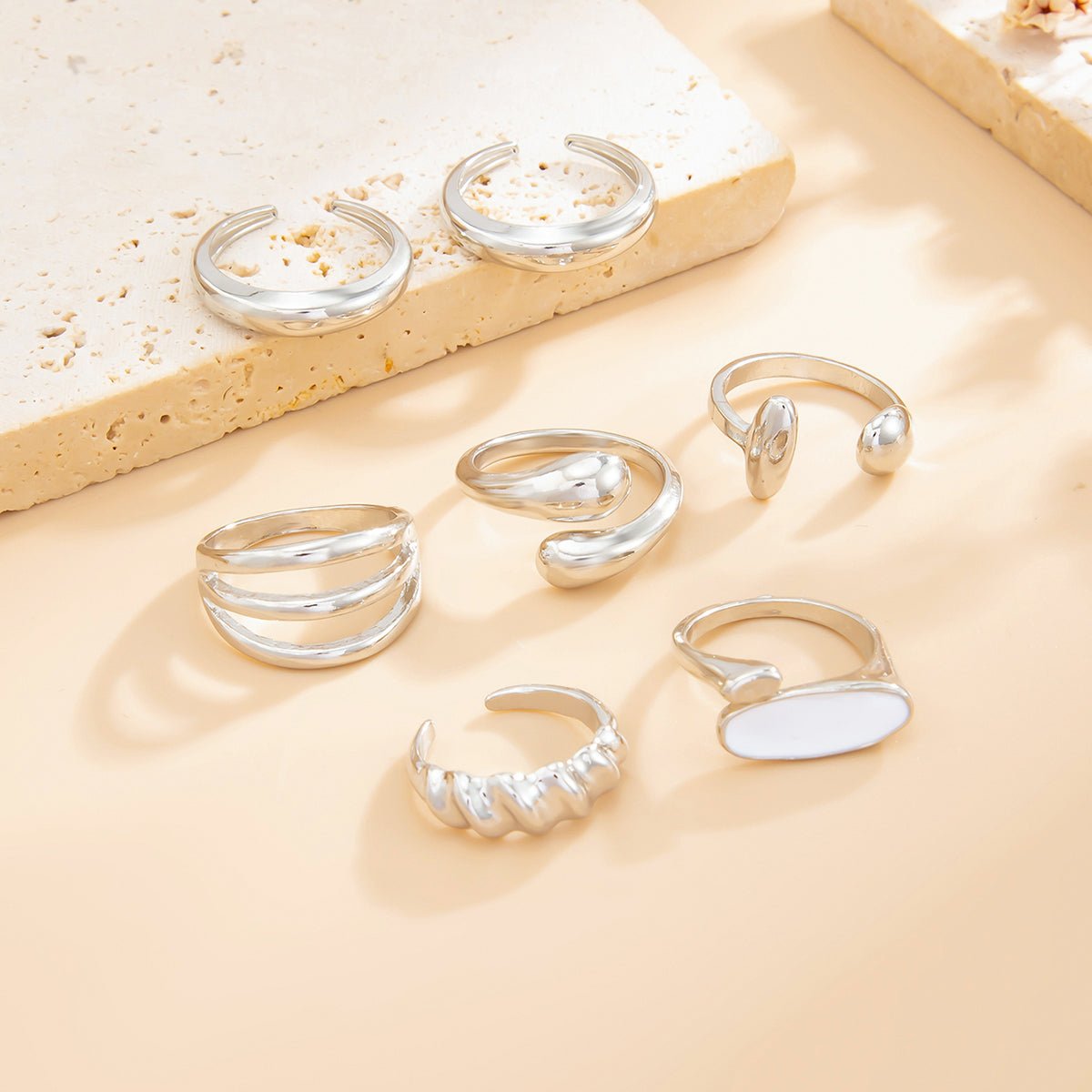 Chic Gold Silver Plated Waterdrop Hollow Enamel Ring Set - ArtGalleryZen