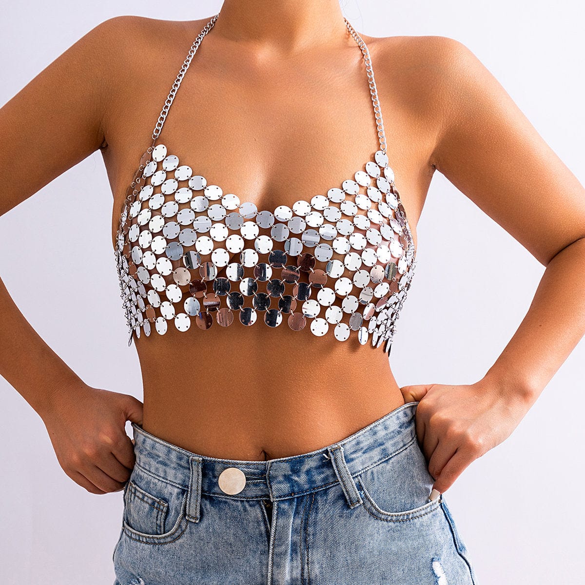 Chic Gold Silver Tone Backless Sequins Bra - ArtGalleryZen