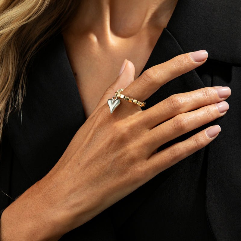 Chic Gold Silver Tone Heart Charm Beaded Ring - ArtGalleryZen