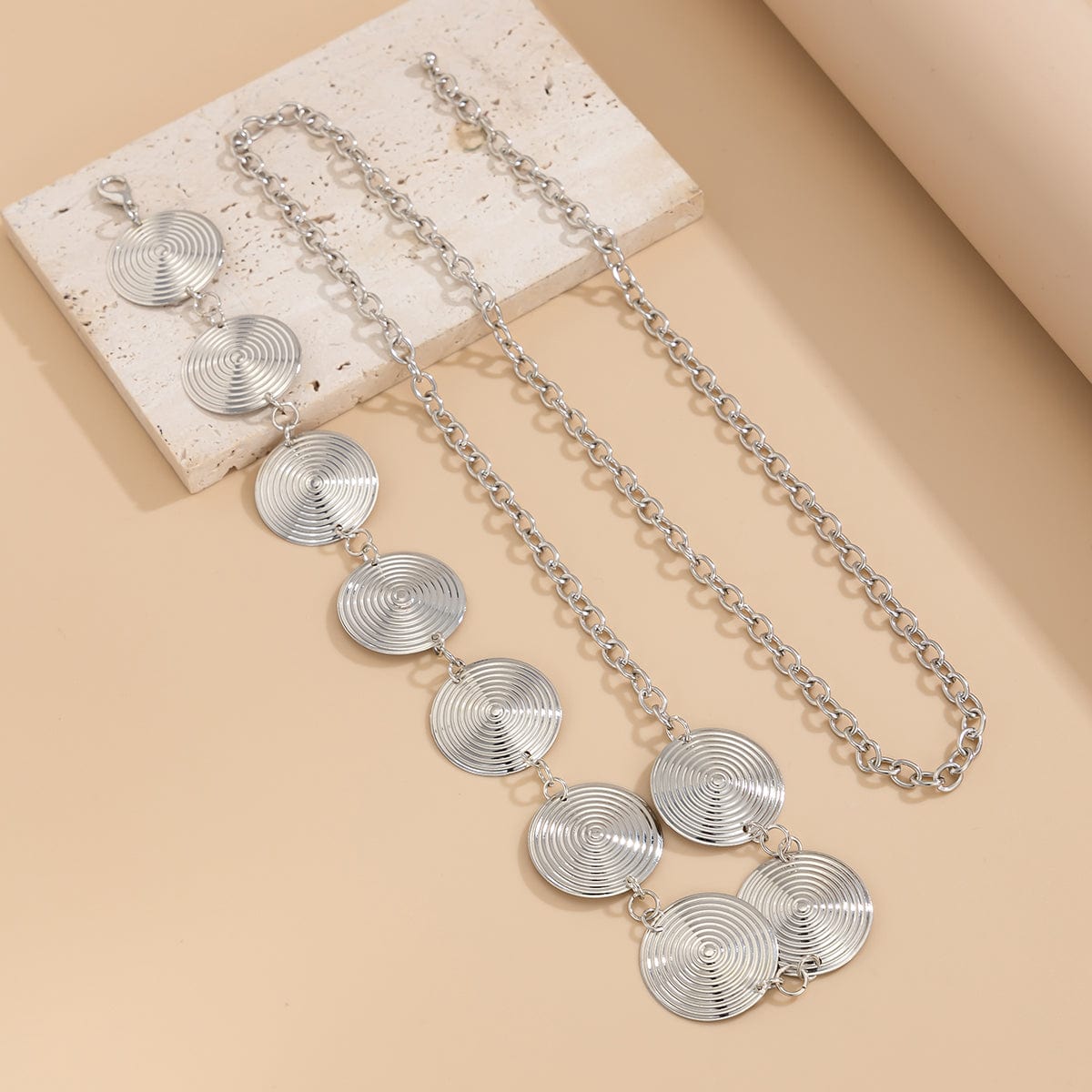 Chic Gold Silver Tone Threaded Round Disk Waist Chain - ArtGalleryZen