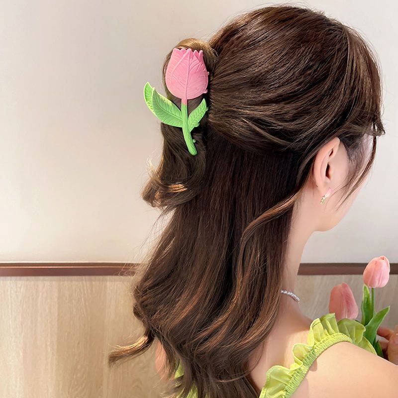 Chic Handmade Enamel Pink Tulip Chignon Claw Clip Hair Clip - ArtGalleryZen
