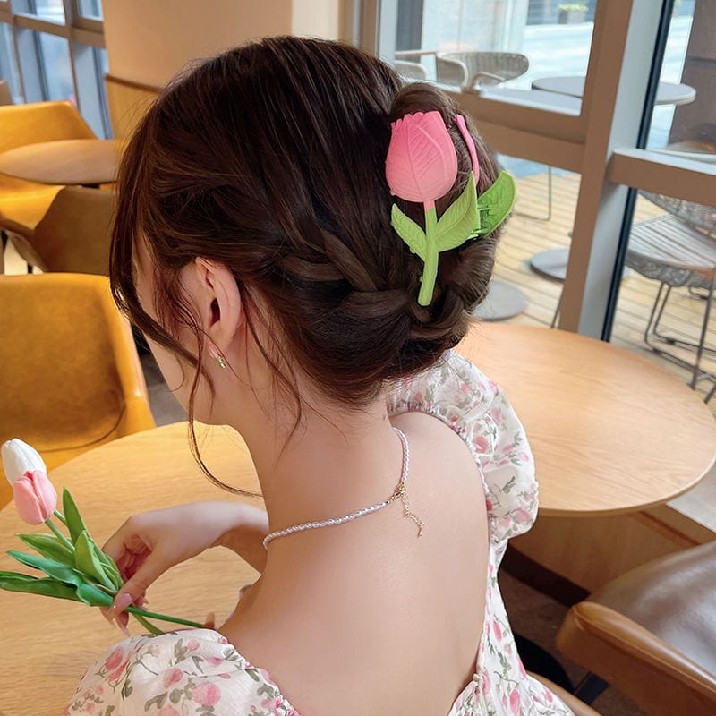Chic Handmade Enamel Pink Tulip Chignon Claw Clip Hair Clip - ArtGalleryZen