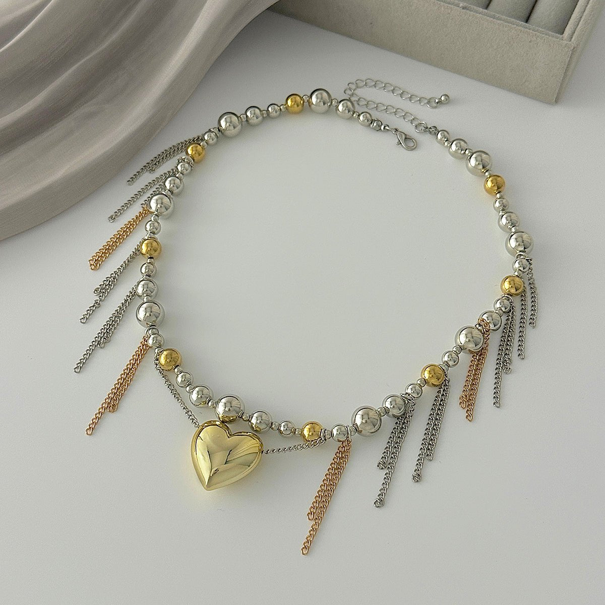 Chic Heart Pendant Two Tone Ball Chain Tassel Necklace - ArtGalleryZen