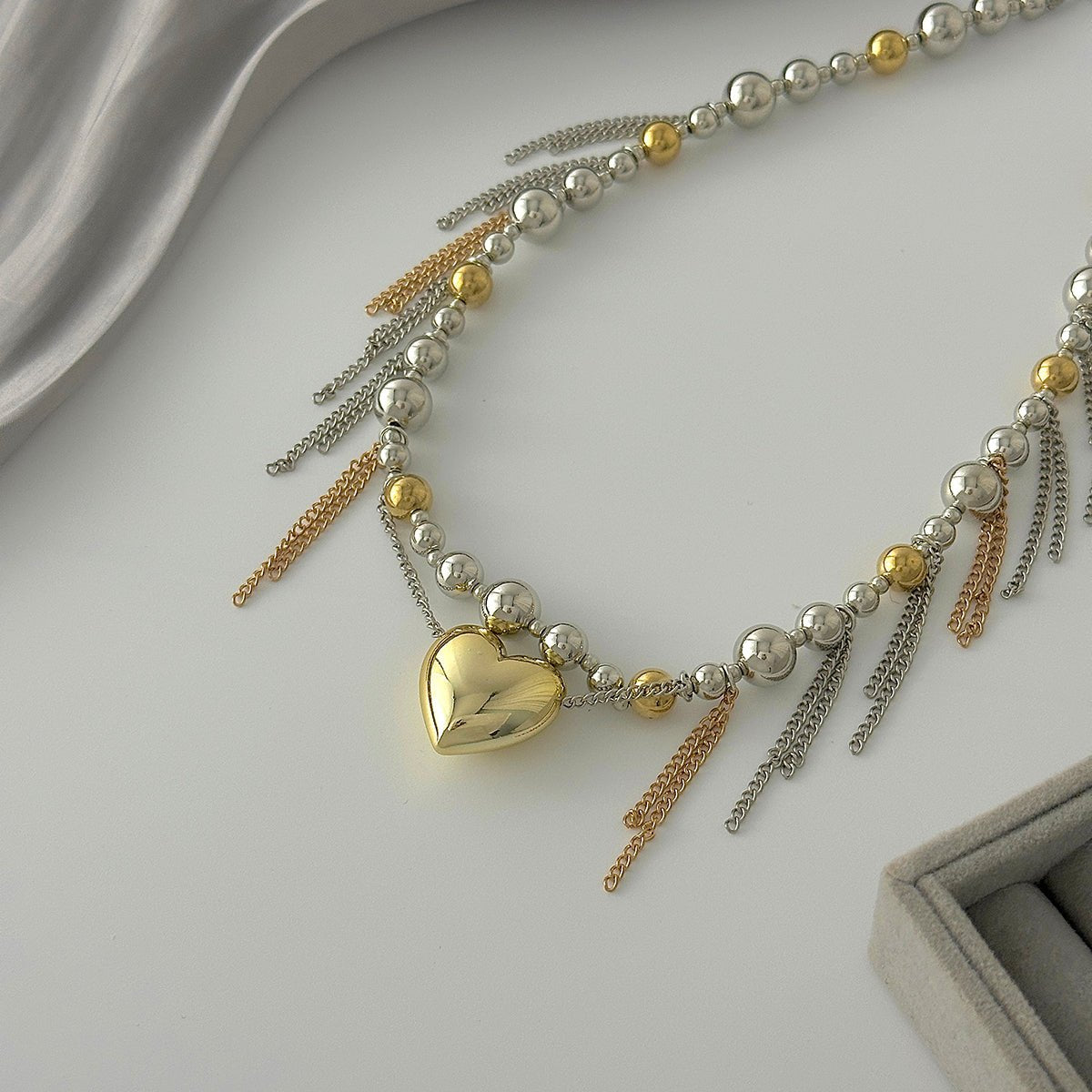 Chic Heart Pendant Two Tone Ball Chain Tassel Necklace - ArtGalleryZen