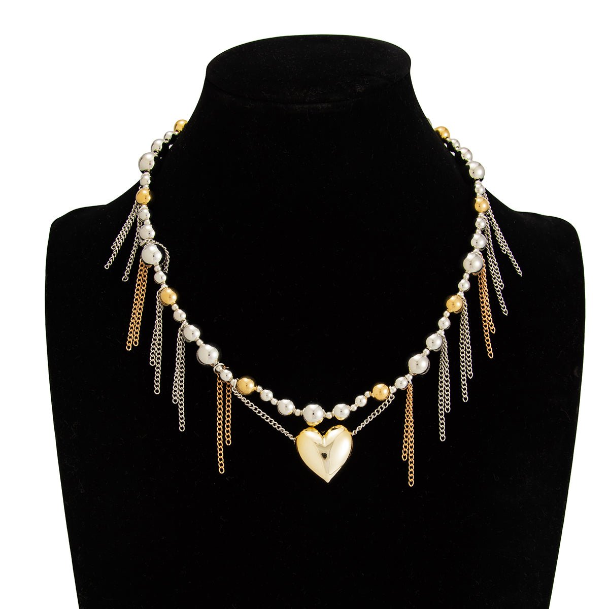 Chic Heart Pendant Two Tone Ball Chain Tassel Necklace - ArtGalleryZen